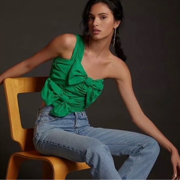 Maeve Tops - Maeve by Anthropologie One-Shoulder Bow Front Ruched Crop Top Green Women’s Sz 4